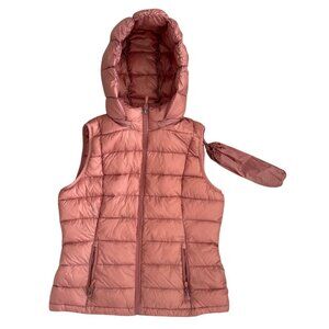 Womens Pink Hooded Puffer Vest Large With Storage Pouch & Zippered Pockets